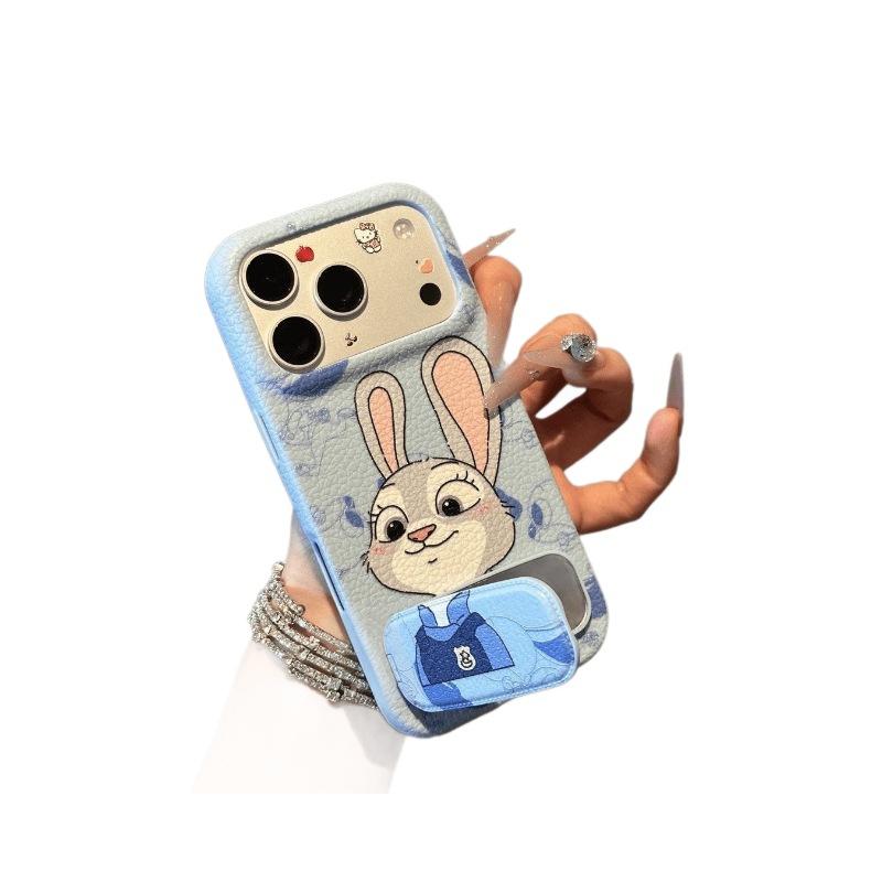 Applicable Apple 17PRO Couple Mobile Phone Case Judy Nick iPhone16 Cartoon Leather Pattern Mirror Bracket Case