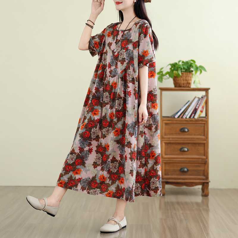 Retro Cotton and Linen Round Neck Short Sleeved Dress, Women's Loose Skirt