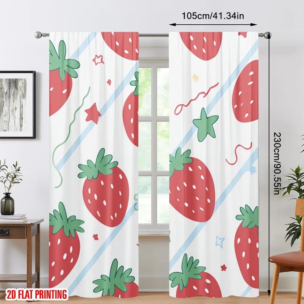 Set Of 2 Strawberry Print Curtain Polyester Kids Room Decor Holiday Window Dressing Light Blocking With Rod Pocket Ideal For Children's