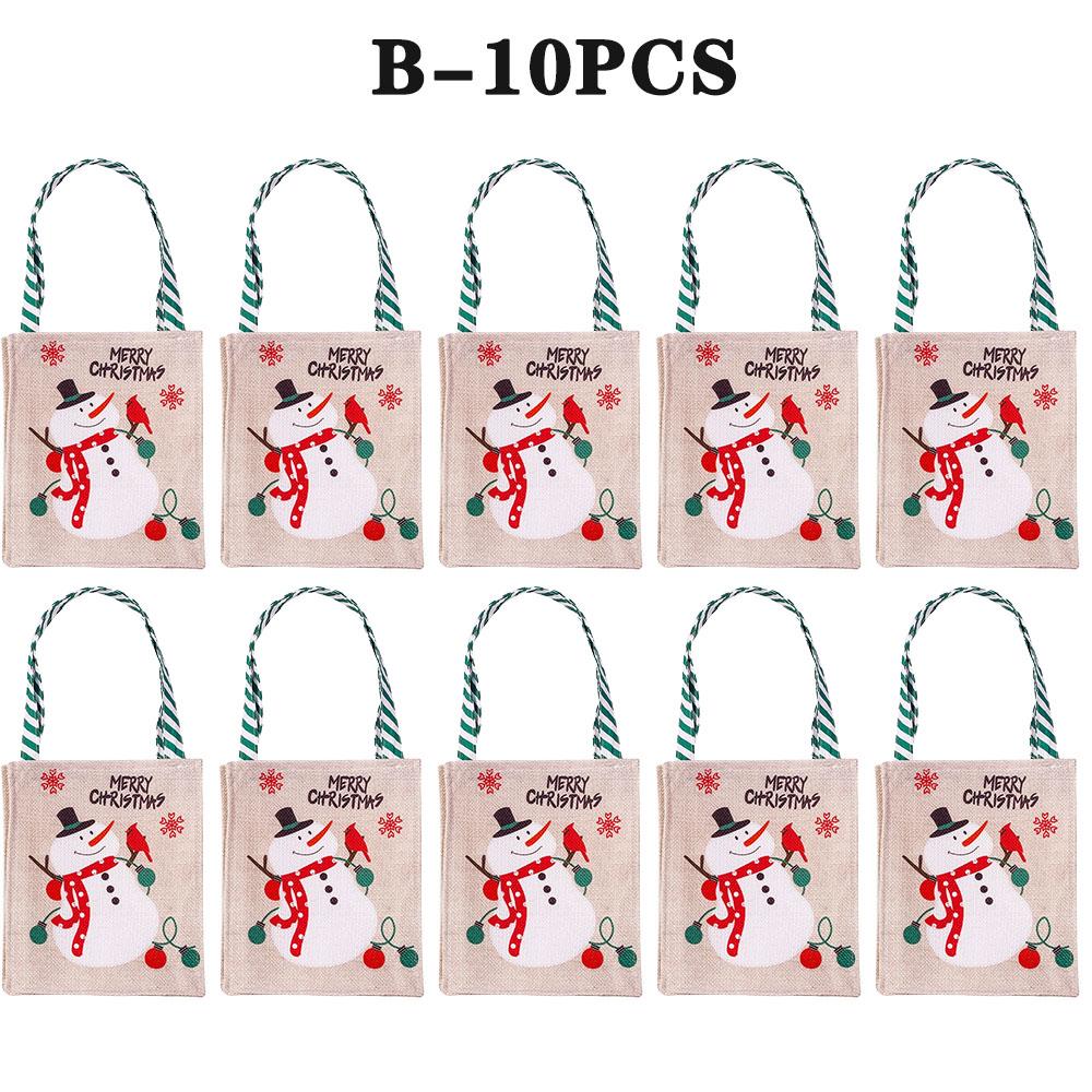 Christmas Candy Apple Pouch Santa Snowman Print Gift Bag Natural Jute Fabric Reusable Holiday Party Favor Storage