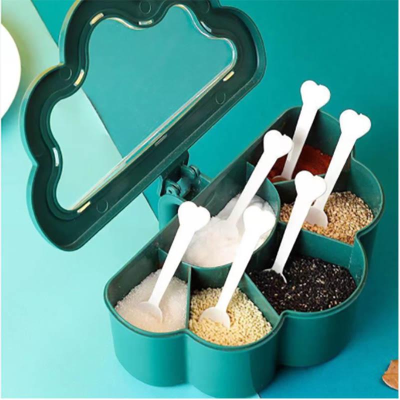 One-in-one Six-grid Seasoning Box Multi-grid Kitchen Household with Lid Moisture-proof Dust-proof Seasoning Bottle Kitchen Supplies with 6 Spoons