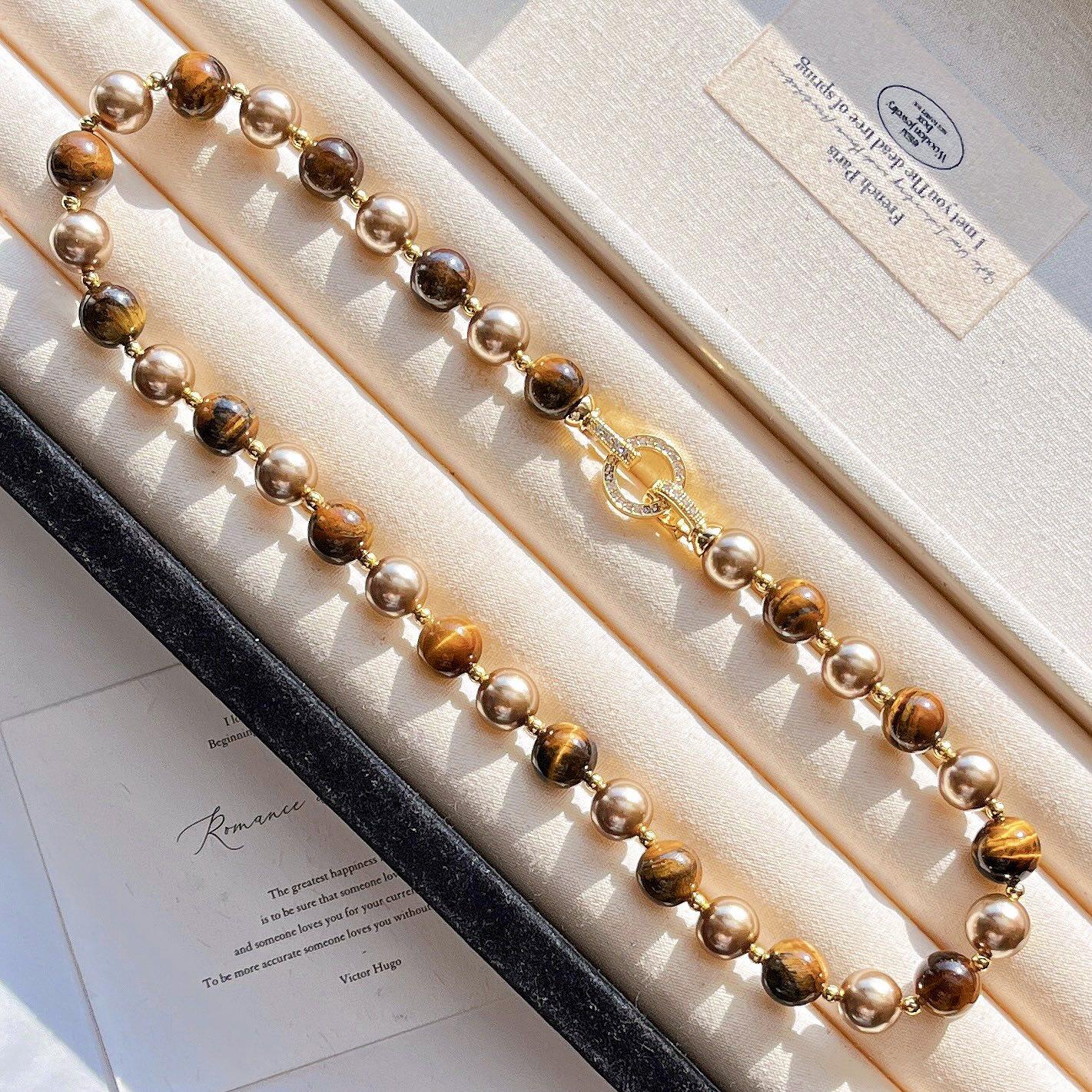 

Maillard Natural Boutique Tiger S Eye Stone Imitation Pearl Beaded Necklace Women S Collarbone Chain Sweater Chain Fidelity