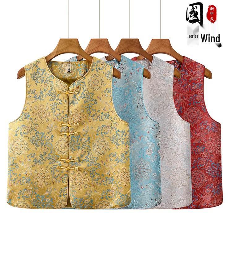 Elegant Jacquard Frog Button Vest for Middle-Aged and Elderly Mothers, Sleeveless, Versatile Spring Collection