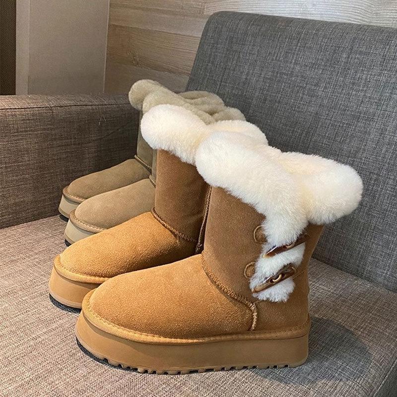 Eckenschnalle Schneestiefel Damen Winter neu mittelhohe Baumwollstiefel gefüttert verdickt warm Baumwollschuhe