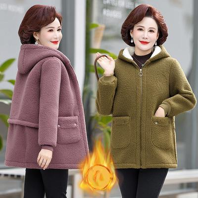 Mom Winter Jacket Women's Fur Lambswool Grain Fleece Casual Warm Cotton Coat Hooded Outerwear Parker