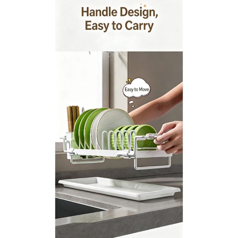 Extendable Kitchen Dish Rack with Plate Separators, Wine Glass Rail, Cutlery Cup, and Removable Water Tray