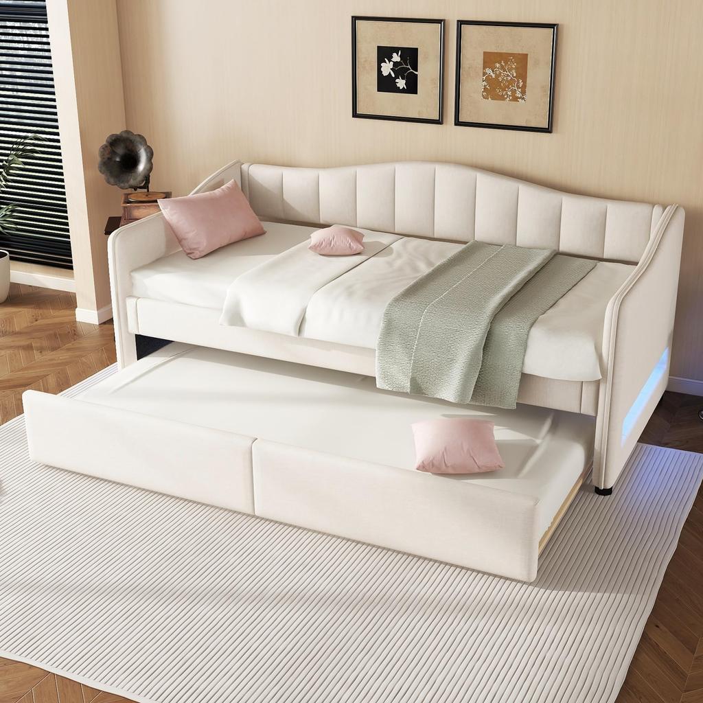 Schlafsofa Polsterbett 90x200 cm, Ausziehbares Bettsofa, LED-Licht, Samt, minimalistisches Styling, Gästebett, Beige