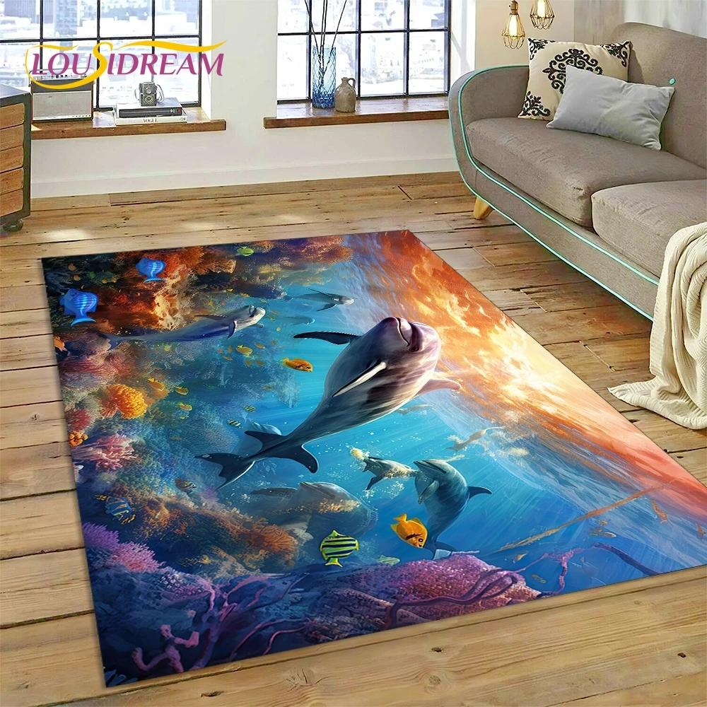 3D Podmořský svět Mořské dno Kreslený koberec s delfínem Koberec pro obývací pokoj Ložnice Domácí dekorace, Protiskluzová dekorace na pohovku Dárek Dítě