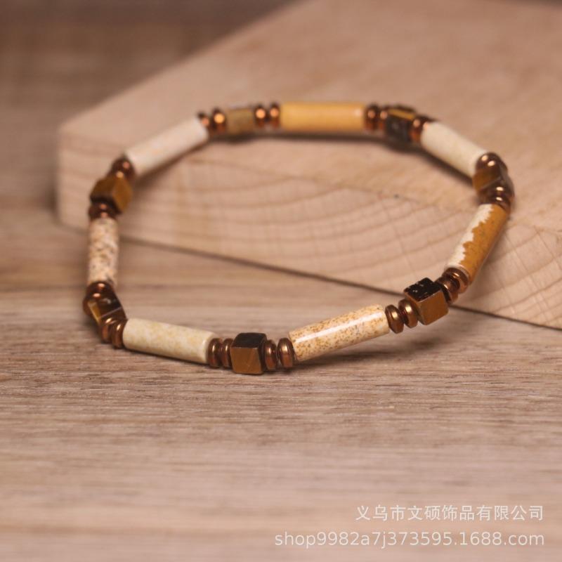 Picture Jasper Tiger Eye Tube Bead Bracelet – Copper Accent Boho Jewelry, Grounding Courage Gift for Men Women