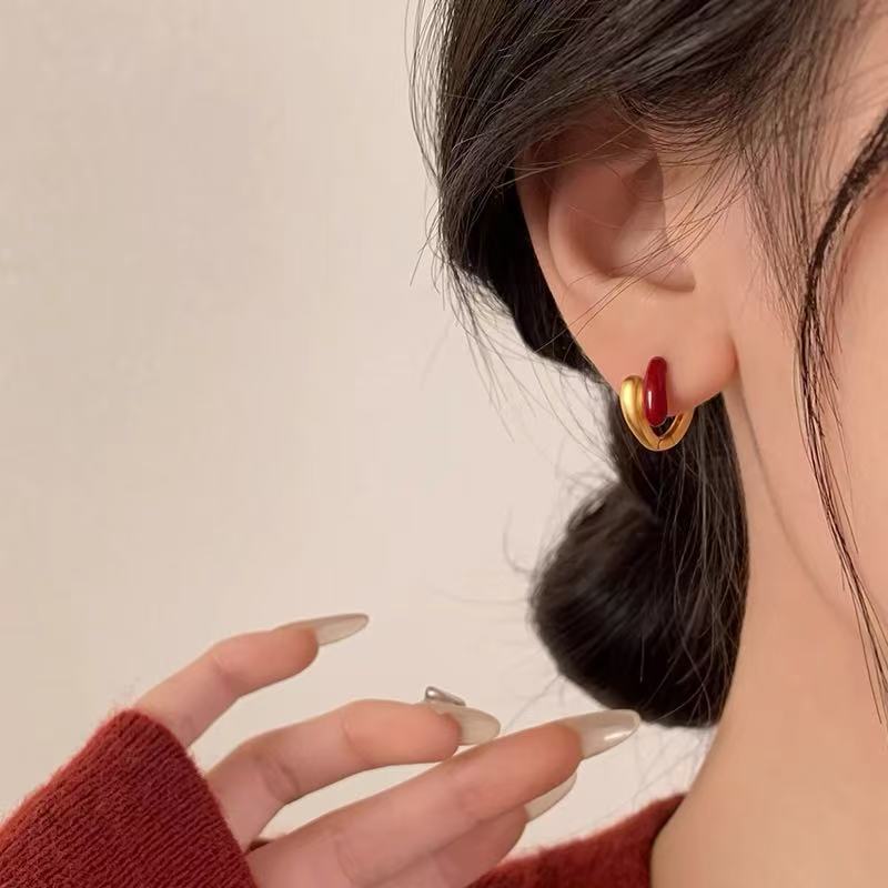 Real 925 Silver Red Drip Glaze Gold Hoop Earrings For Women Trendy Fine Jewelry Niche Advanced Accessories