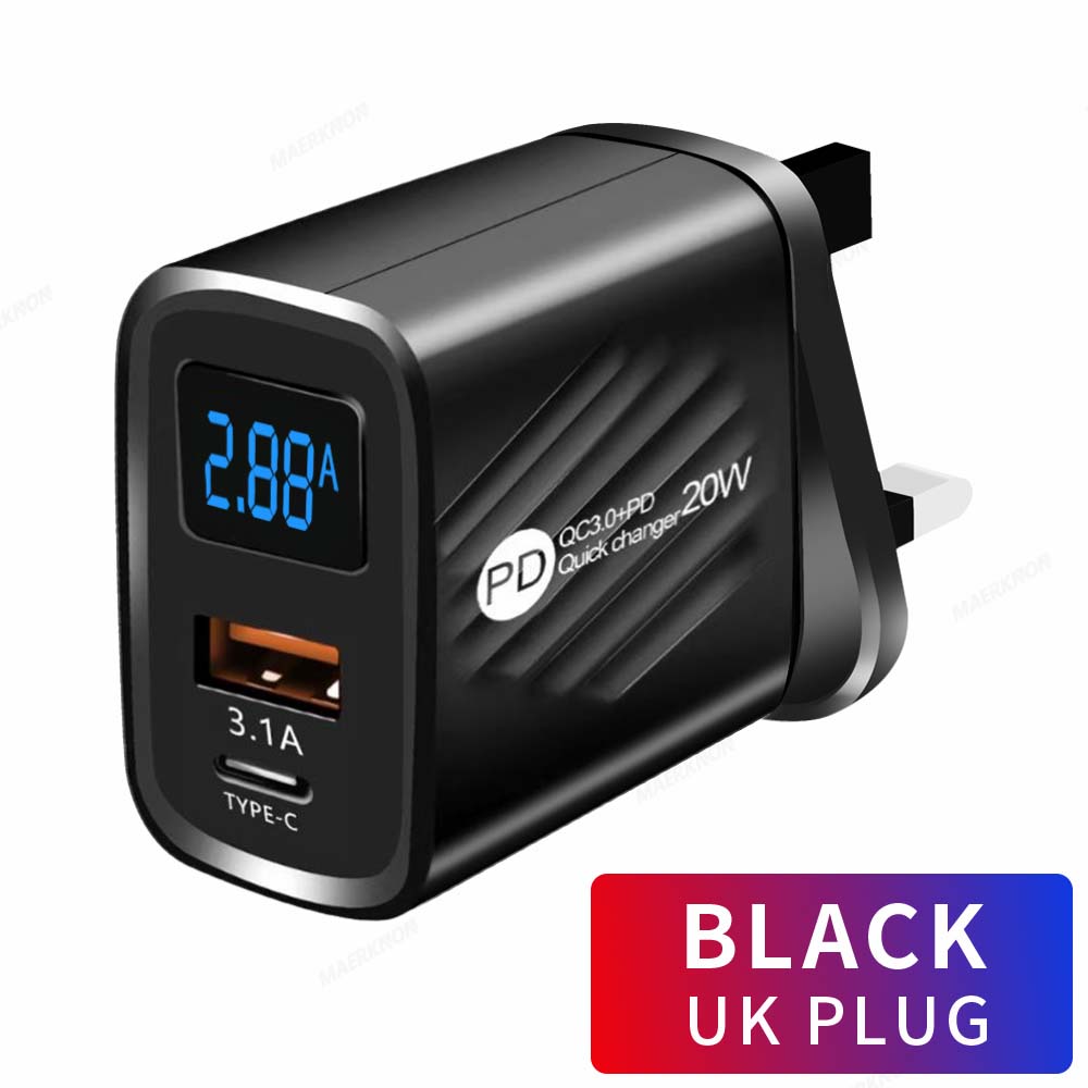20W USB Charger Fast Charging 2 Ports Type C Phone Charger Adapter for IPhone Samsung Xiaomi Digital Display USB C Wall Charger