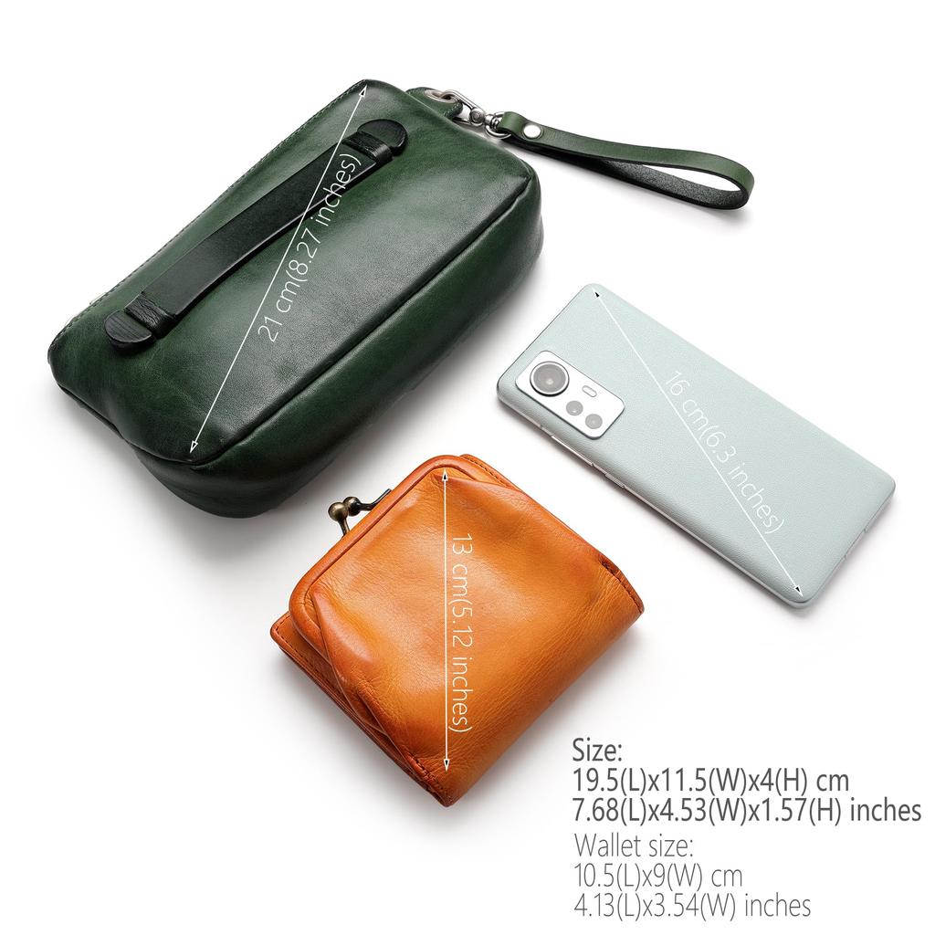 IJUN Vintage Clutch Bag for Women - Handmade Vegetable-Tanned Leather, XXS Size (Orange)