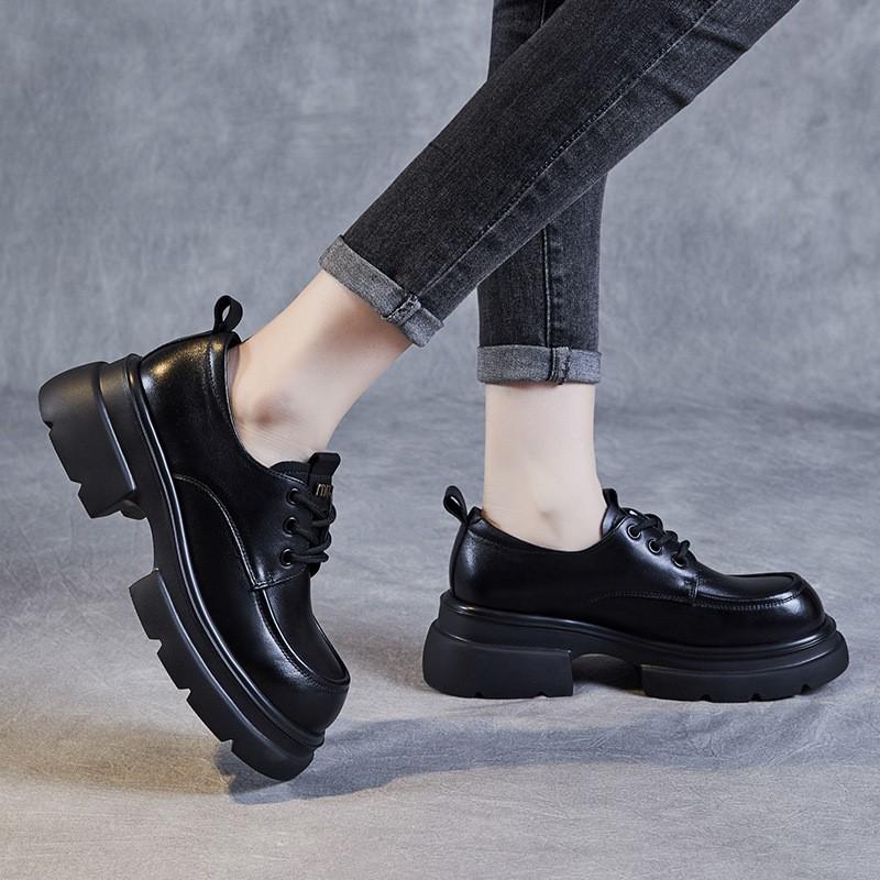 Johnature Thick Soled Genuine Leather Women's Shoes Versatile Lace Up British Style Height Increasing Pumps