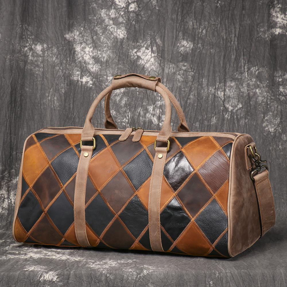 Vintage New Men'S Genuine Leather Quilted Top-Layer Cowhide Handbag Travel Bag Shoulder Crossbody Business Luggage Bag