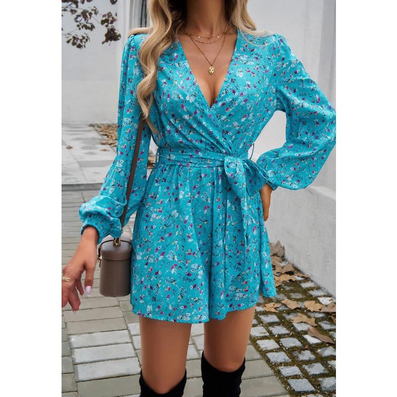 Women's Printed Long Sleeve High Waisted Strappy Jumpsuit Shorts