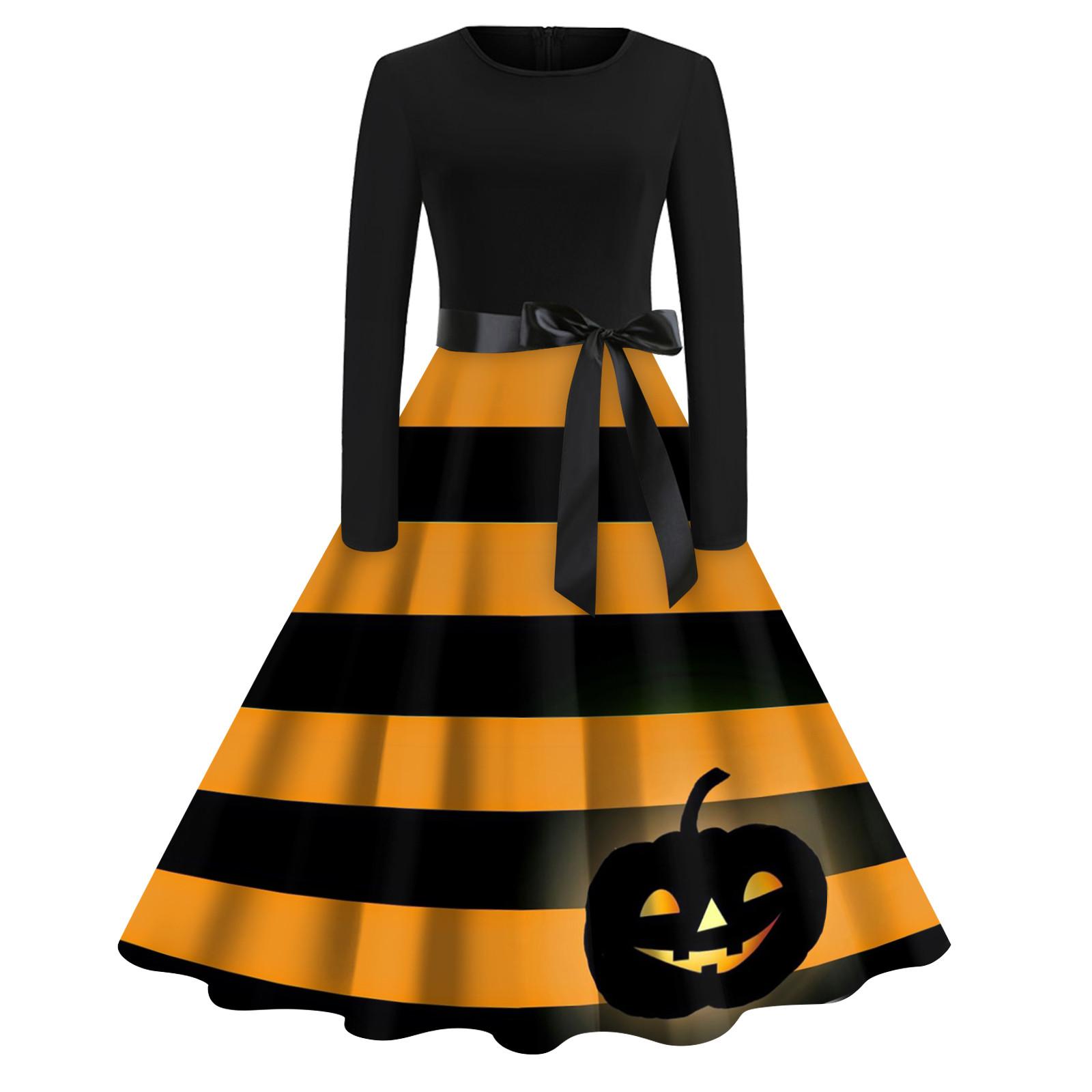 

Женское платье с расклешенным принтом на Хэллоуин с длинным рукавом и круглым вырезом, вечерние повседневные платья XXXL оранжевый