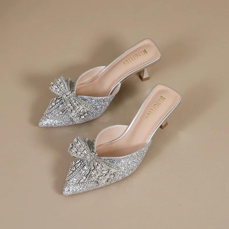 Fashion Shoes 5cm Thin Heels Womens Slippers Outdoor Pointed Toe Low Butterfly-Knot Pantofle Heeled Mules Slides Jelly Flip Flops