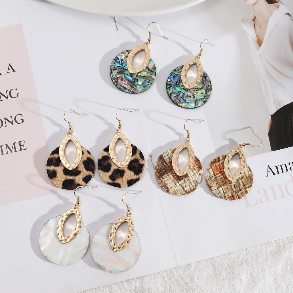 European and American Style Jewelry, Leather Inlaid with Round Personalized Retro Abalone Shell Exquisite Earrings
