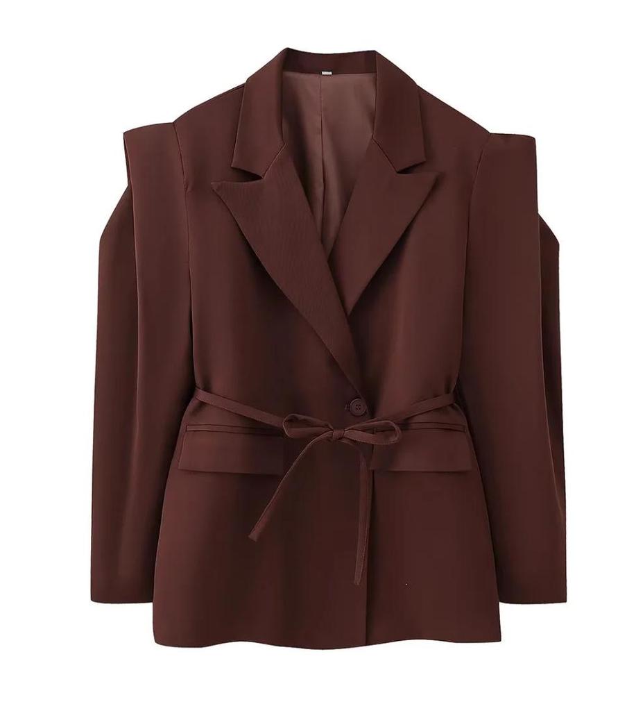 Women's Fashion Padded Shoulder Suit Jacket with Tie-Waist