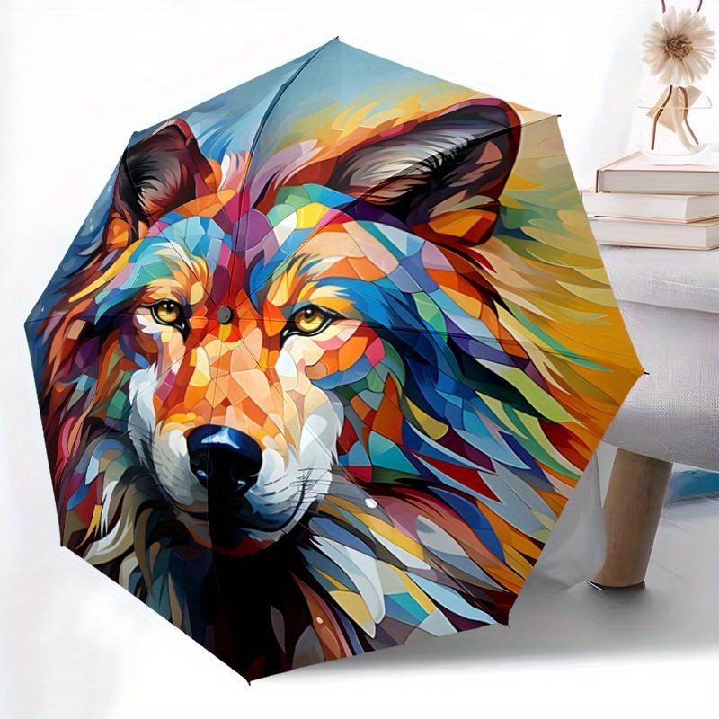 1pc Colorful Wolf Head Art Pattern Automatic Umbrella is Fashionable and Good-Looking, Suitable for Travel and Daily Use.R089