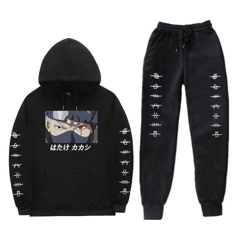 Anime Naruto Kakashi Sharingan Hooded Fleece-lined Unisex Sweatshirt Set Winter Casual Wear