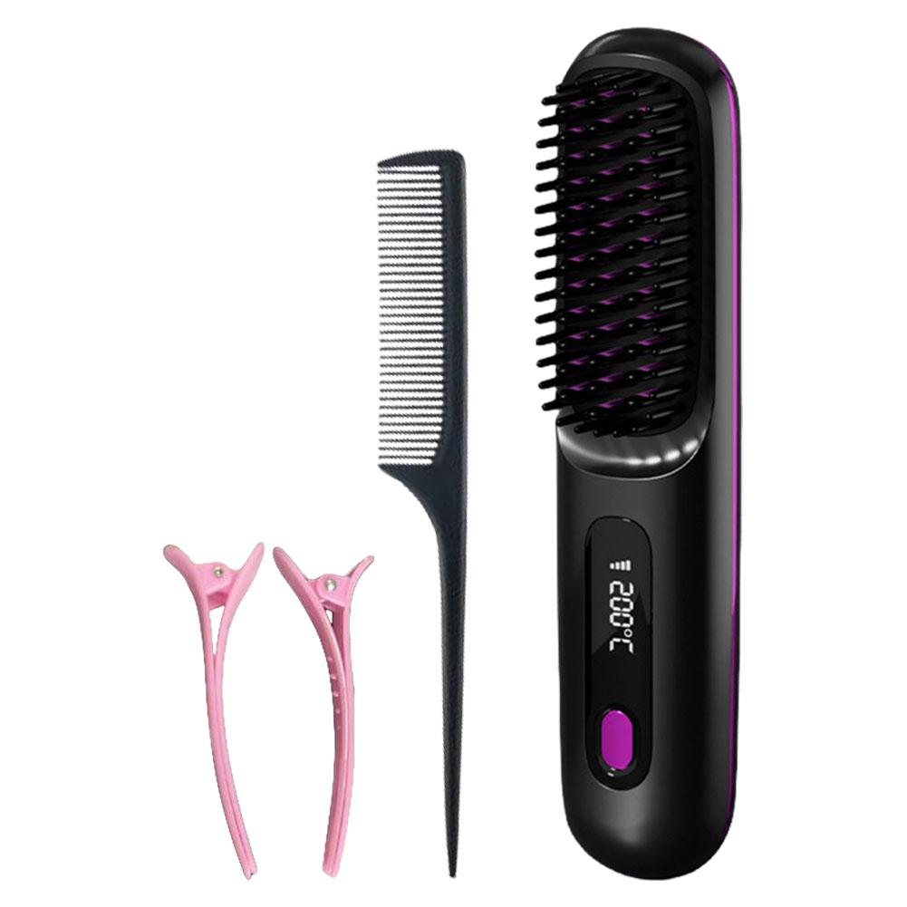 LCD Cordless Hair Straightener Brush Anti-Scald Electric Hot Comb 3 Temp Settings USB Recharing Electric Hair Straightener Comb