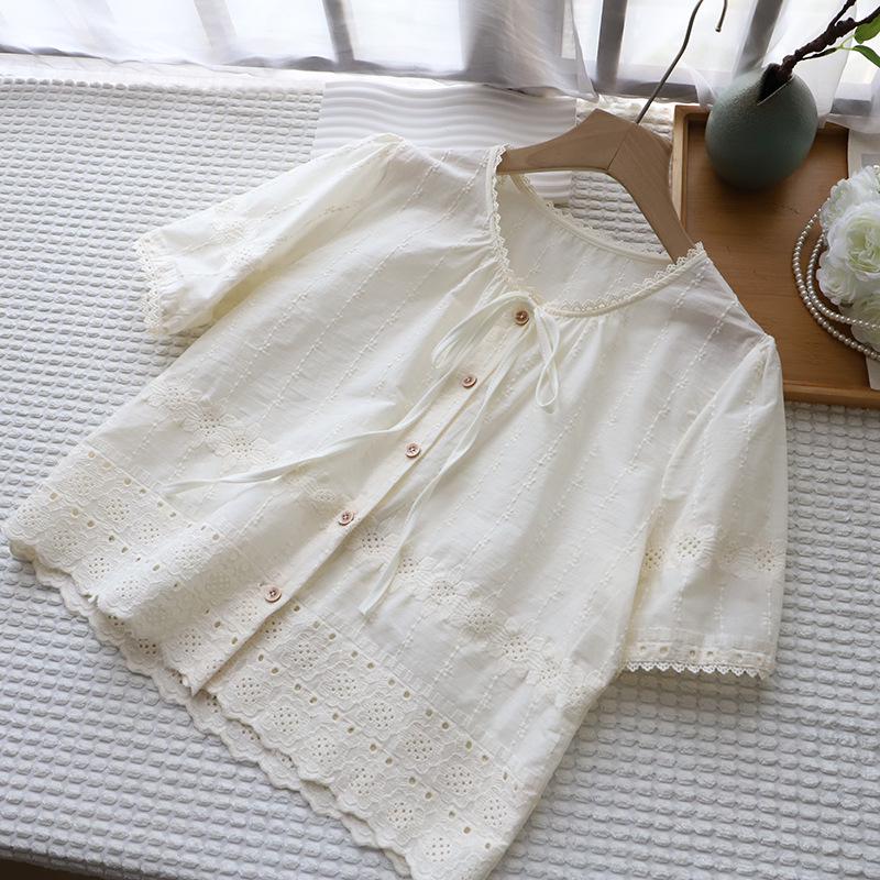 2025 Summer Korean Round Neck Tie-Up Embroidered Cutout Short Sleeve Women's Top