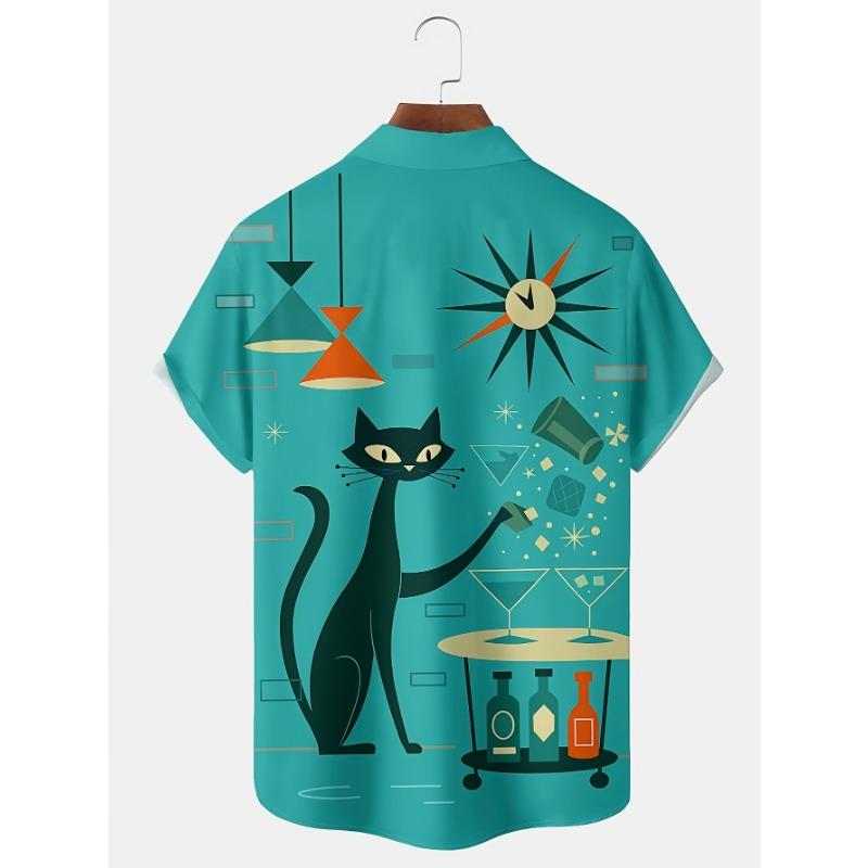 Camicia Hawaiana da Uomo a Maniche Corte con Stampa Geometrica Atomica di Gatto Retro Medievale