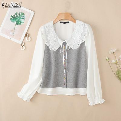 Damen Spitze Häkelspitze Patchwork Bluse mit Puppenkragen und langen Ärmeln