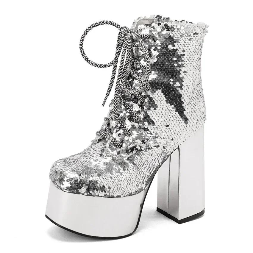 Gold Glittering Sequined Cloth Platform Ankle Boots Women High Heel Square Toe Winter Ladies Christmas Lace-up Green Short Boots