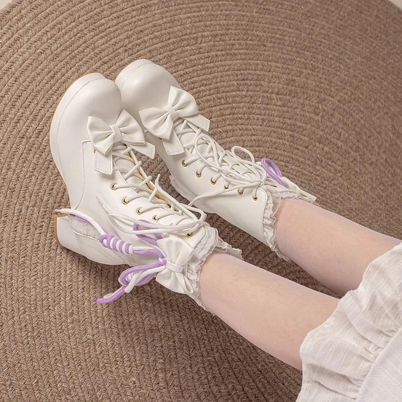 

Женские ботинки Лолита Принцесса с бантом и кисточками на платформе и среднем каблуке, короткие ботинки, женские модные ботинки, зимняя резиновая подошва 33 белый