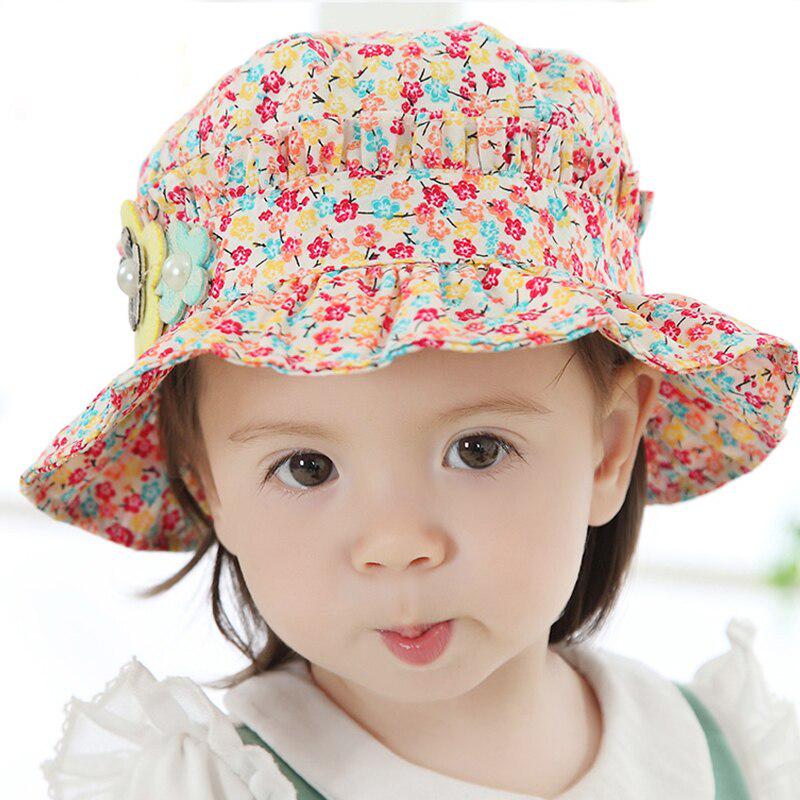 

Лето Baby Girl Beach Sunhat Хлопок Цветочный принт Рыбак Ведро Шапка