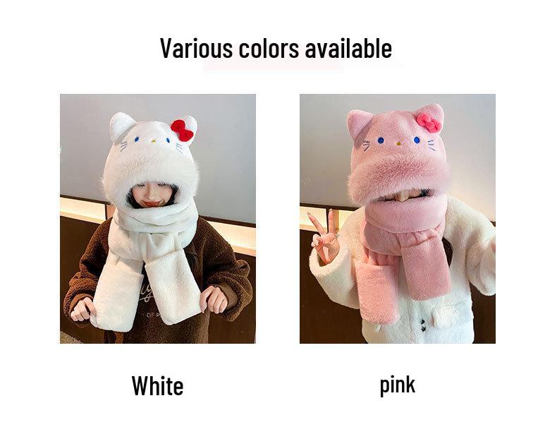 KT Cat Ears Plush Three-in-One Winter Set: Warm Hooded Scarf, Hat, and Gloves