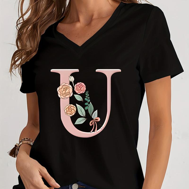 Cartoon Alphabet Flower Graphic Tee Womens Clothing Pink Flower Alphabet Gift Tshirt FeUnisex Vintage 26 Initials Flower Tshirt