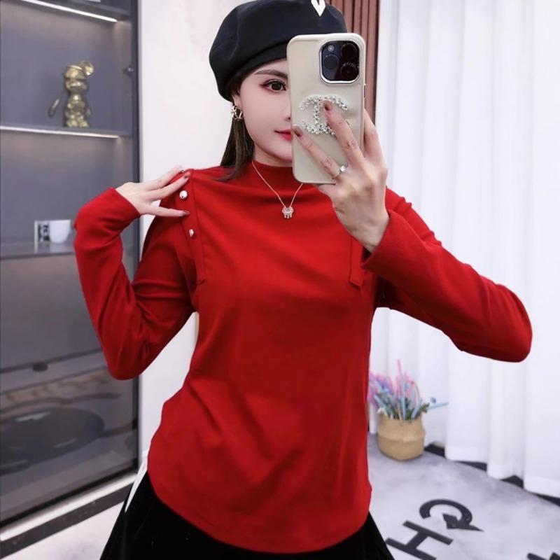 

German Velvet Plus Velvet Half High Neck Warm Long Sleeve Base Shirt T-shirt for Women in Autumn and Winter Slimming Inner Top L красный