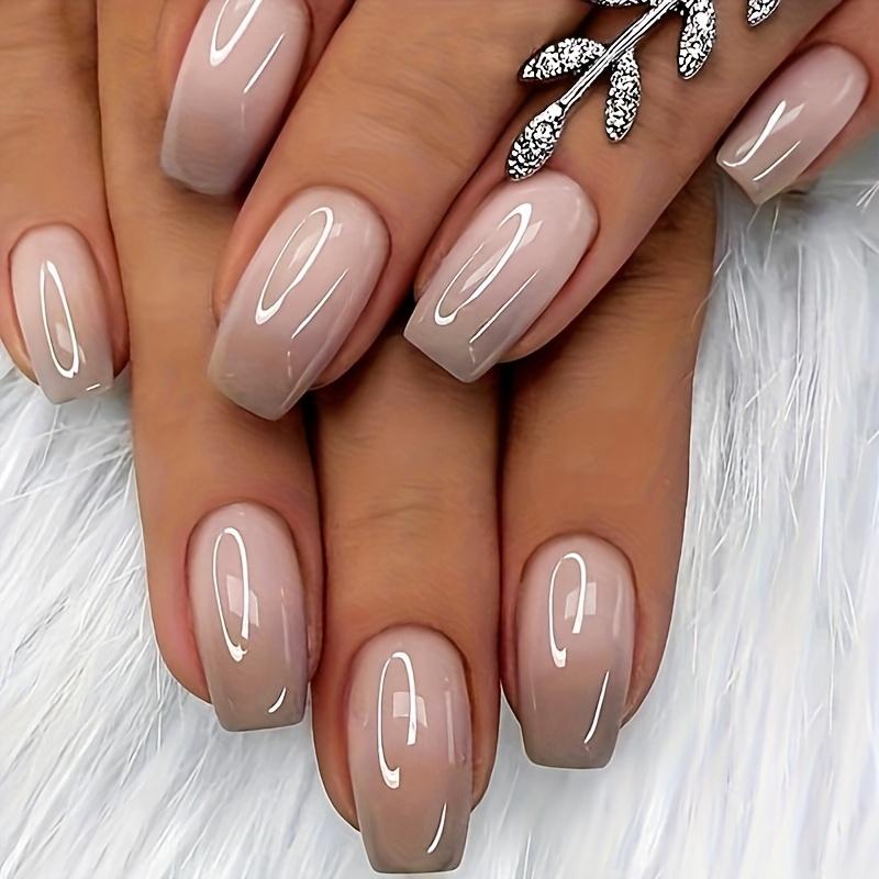 

24pcs Short Square Grey Gradient Gloss Fake Nails Wearing Nail Art 1 Nail File and 1 Nail Tape Detachable Wearing Nail