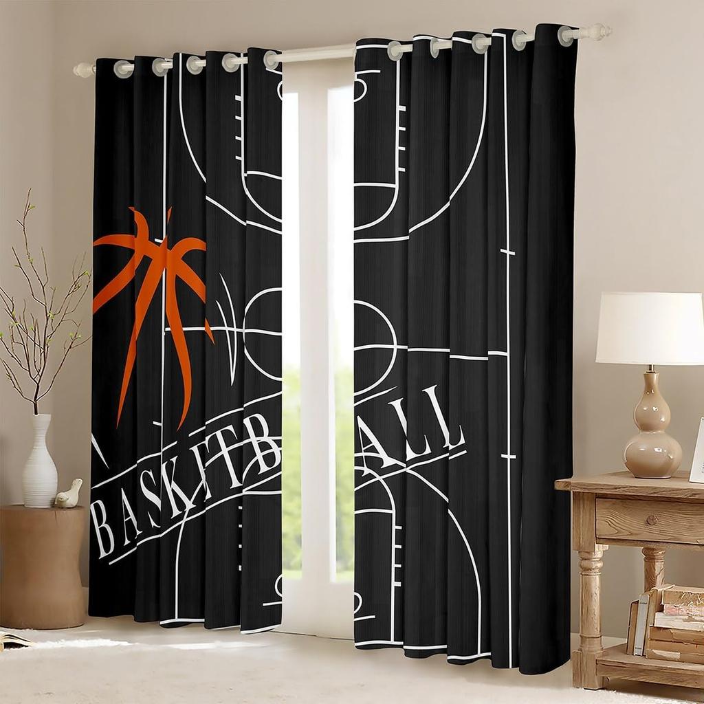 2pcs Erosebridal Basketball Thin Curtains for Boys Kids Sports Curtains, Basketball Court Curtains & Drapes Brown Semi-Blackout