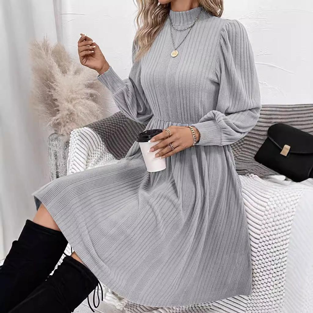 Autumn Winter Solid Half Turtleneck Maxi Dress for Women Puff Sleeve A-line Elegant Skinny Elastic Knitted Dresses Fashion Party Dress