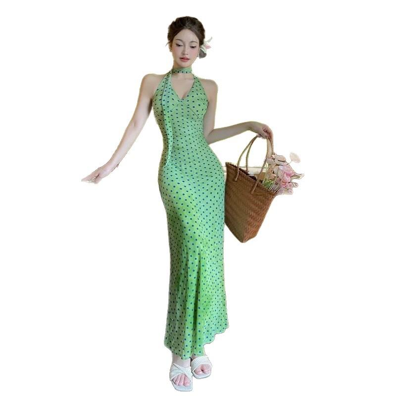 French polka dot streamer neck dress women's summer temperament green skirt waist hip skirt vacation dress