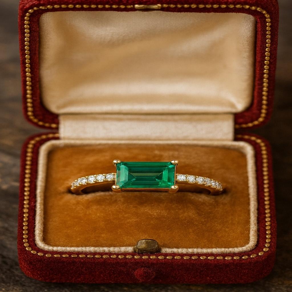 Emerald Baguette Stacking Ring – Dainty Gold Plated Minimalist Ring, Simple Emerald Ring, Stackable Personalized Jewellery