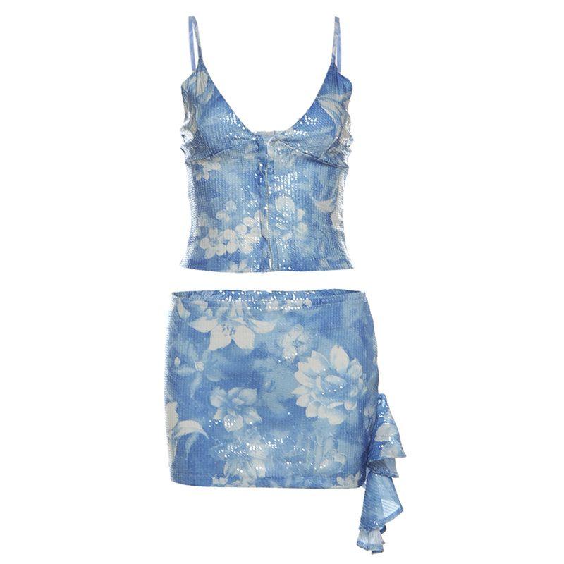 

# Sisjuly# Fresh Sea Salt Mint Blue Print V-neck Sling Vest Crop Top Ribbon Skirt Suit Female Blue S