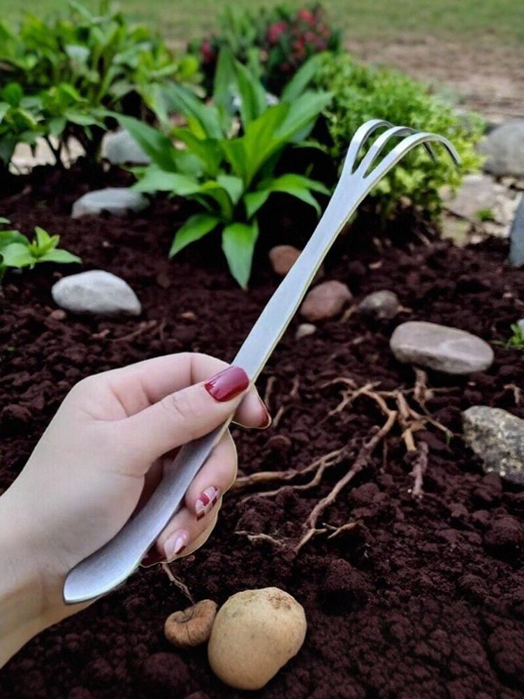 Stainless Steel Three-Pronged Bonsai Rake for Soil Loosening & Garden Planting