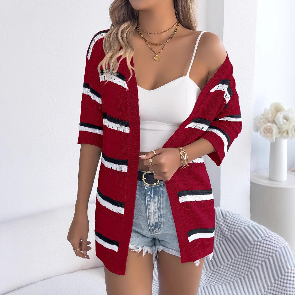 HNXC Spring Summer Casual Striped Cutout Mid-sleeved Knitted Sweater Vacation Cardigan Women's Wear
