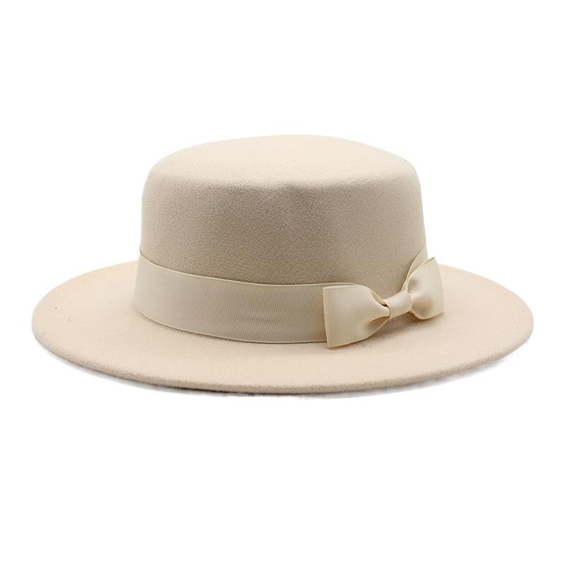 New style autumn and winter men's and women's flat-brimmed hats, fashion bows, flat-topped top hats, men's and women's woolen jazz hats