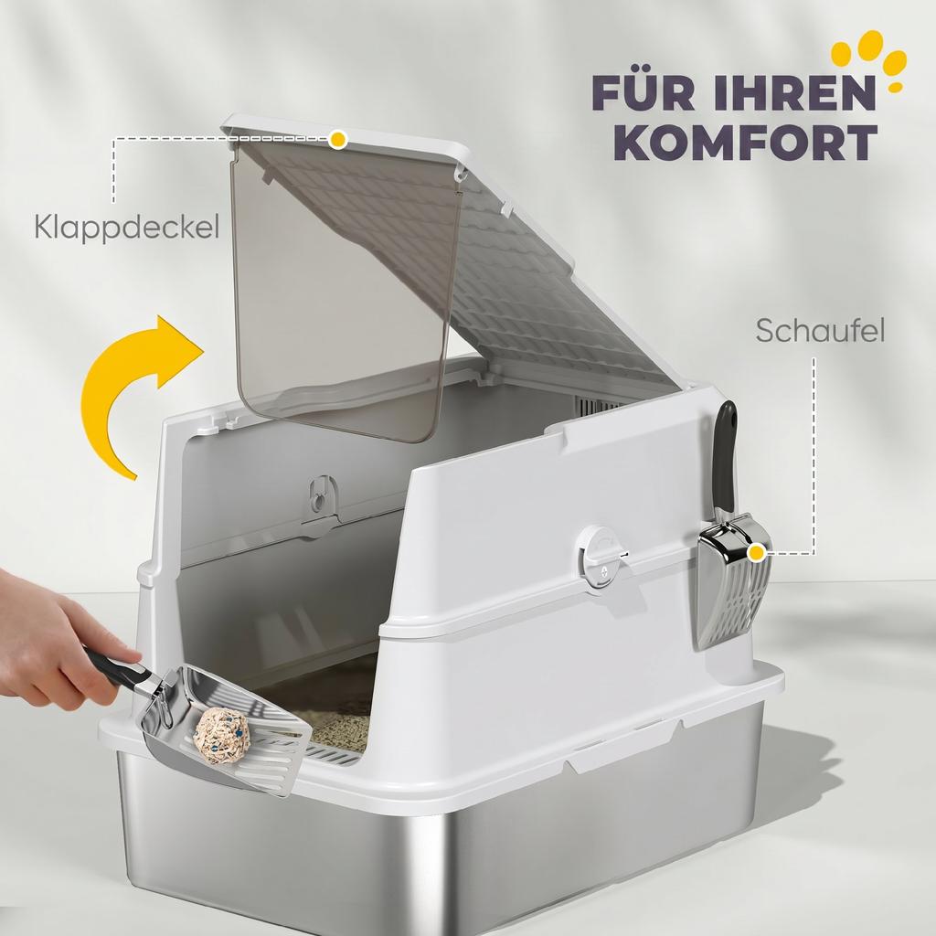 Cat Litter Box, Stainless Steel, XL Interior, with Scoop, Light Gray