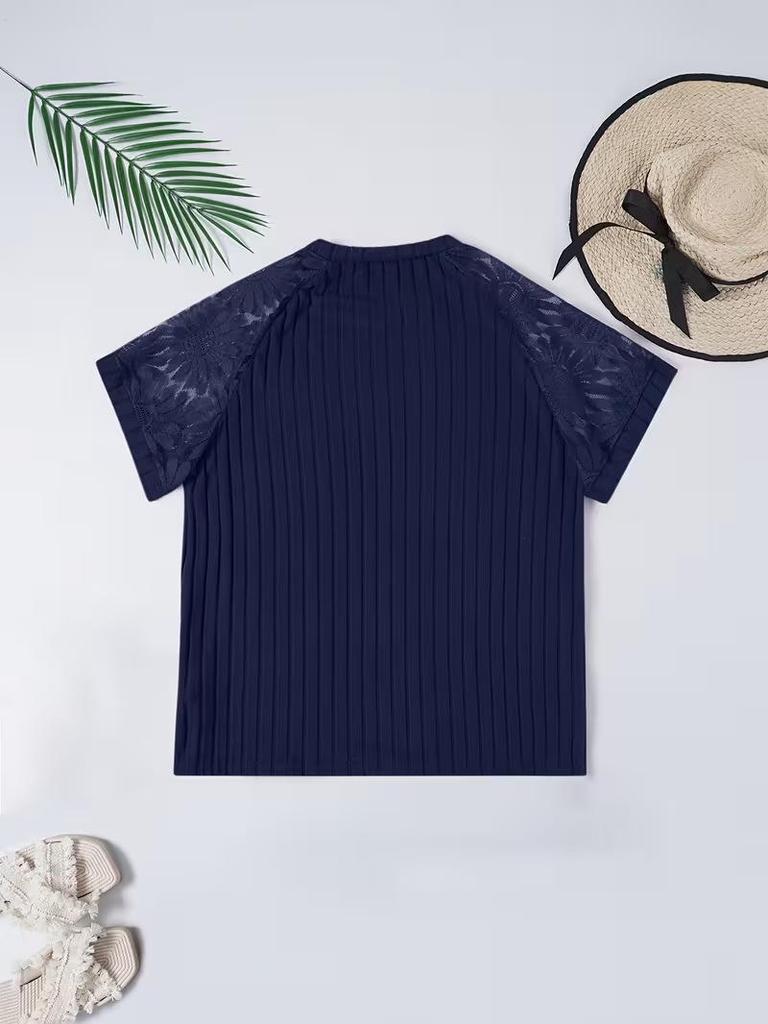 Frühling/Sommer 2026 Damen Übergröße V-Ausschnitt Spitzen-Patchwork Kurzarm-Top
