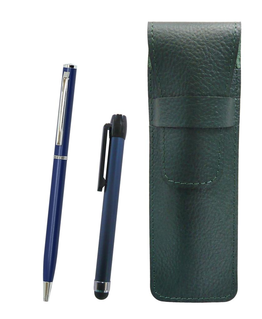 Moss Green Grained Leather Pen Case with Blue Metal Touch Stick and Slim Rotating Ballpoint Pen Set 2-pack (Blue) SASMG-ALL-PD04-L-2