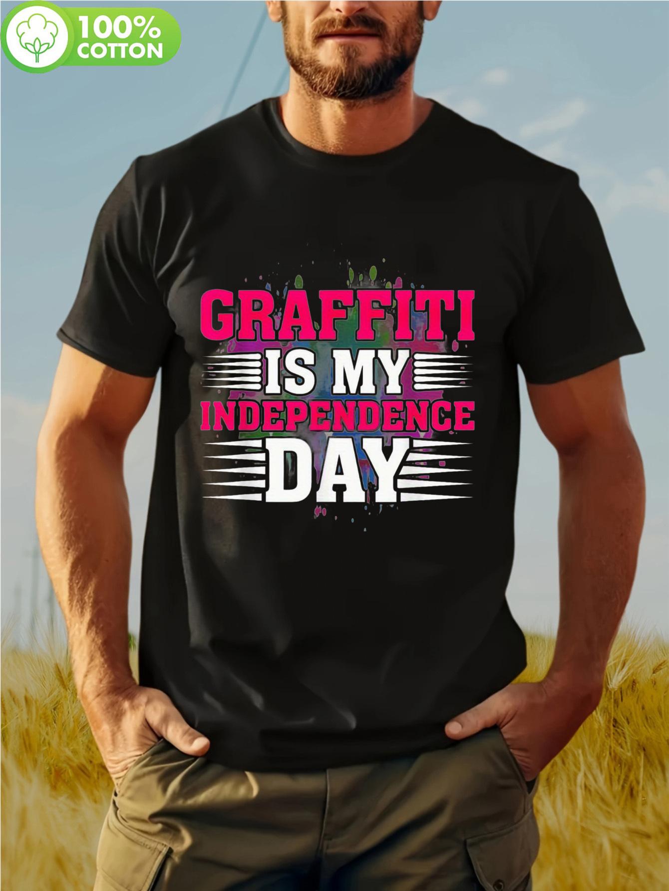 

Graffiti Is My Independence Day Graphic T-shirt - 100% Cotton 180GSM Black Street Art Tee with Bright Pink & White Font L