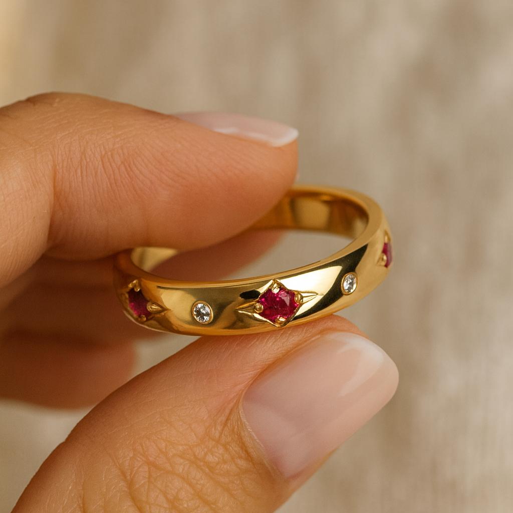 Wedding Engagement Anniversary Promise Gift – Yellow Gold Plated Ruby Wedding Band, Women’s Pave Pink Stone Minimalist Dainty Gold Ring