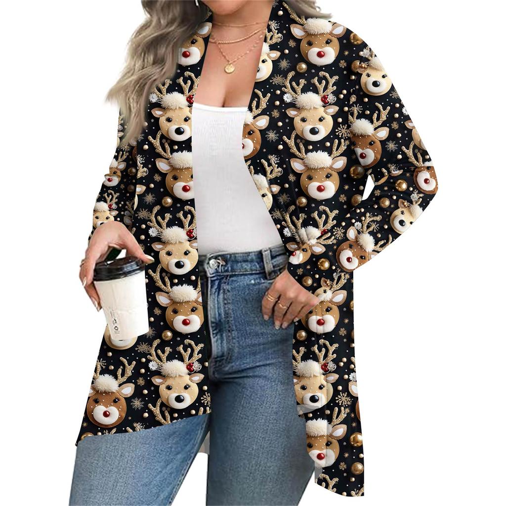 Women's Fall And Winter Fashion Casual Print Long Sleeve Mid-Length Cardigan Jacket